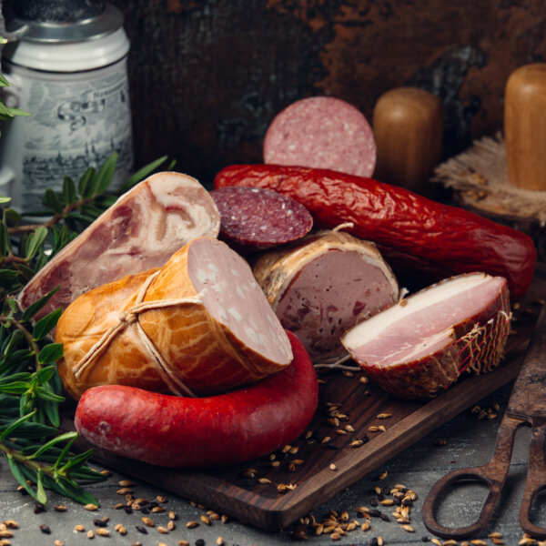 Wurstsortiment salami peperoni schinken auf holzbrett